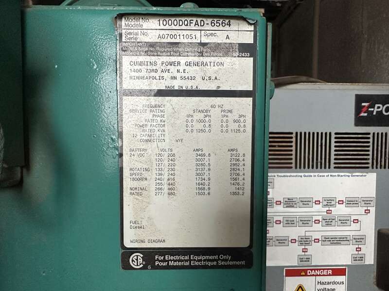 Used Cummins DQFAD Diesel Generator 10921 Hrs, EPA Tier 2, 1000 KW