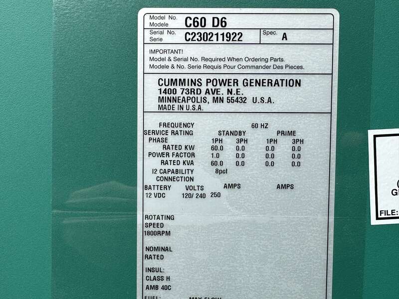 New Cummins C60D6 Diesel Generator, EPA Tier 3 - Single Phase, 60 KW