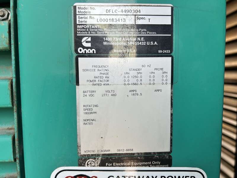 Used Cummins DFLC KTA50-G3 Diesel Generator, 723 Hrs, 1250 KW