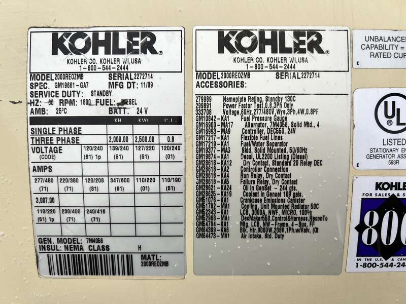 Used Kohler 2000REOZMB Diesel Generator, 1182 Hrs, EPA Tier 2, 2000 KW-