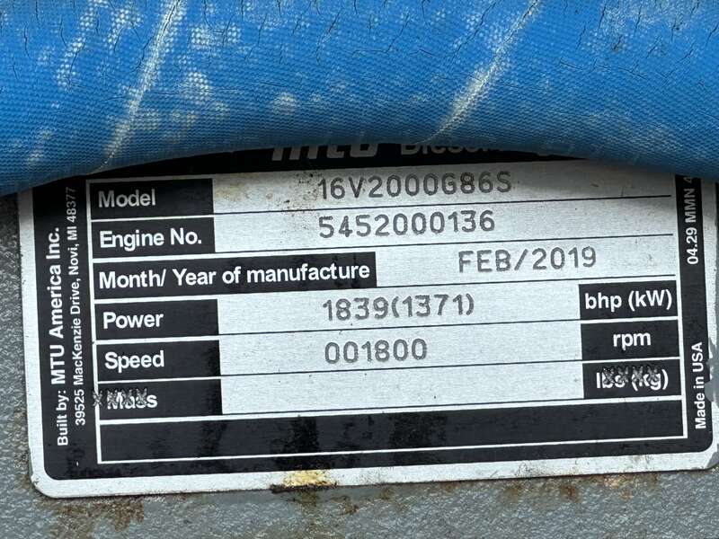 Used MTU DS1250 16V2000G86S Diesel Generator, 113 Hrs, EPA Tier 2, 1250 KW