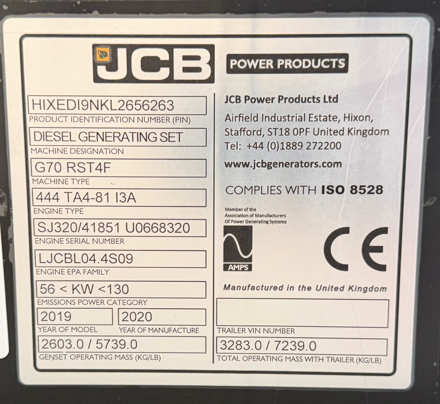2020 JCB G70RS T4F Towable Generator
