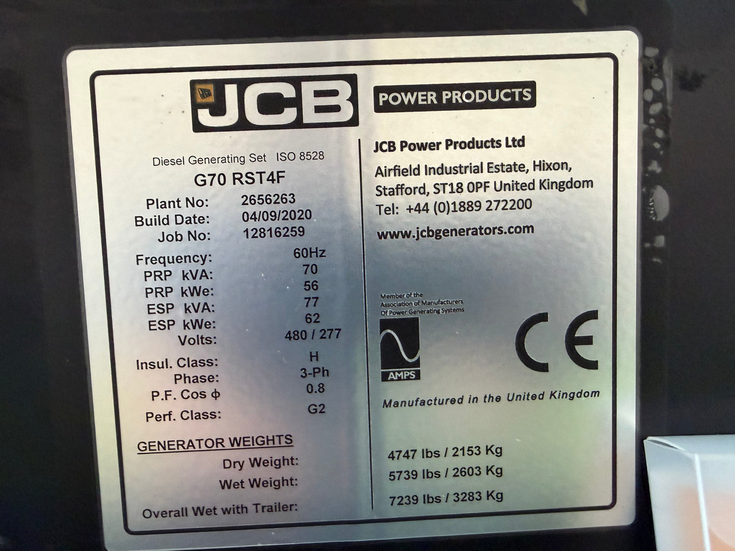 2020 JCB G70RS T4F Towable Generator