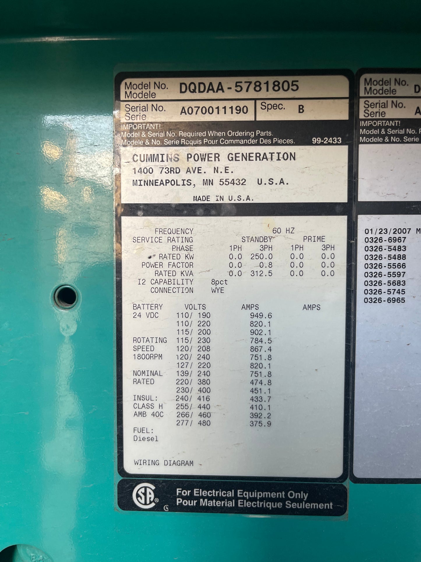 Cummins 313 KVA 250 KW Model DQDAA Portable Generator Hardin Industries Enclosure